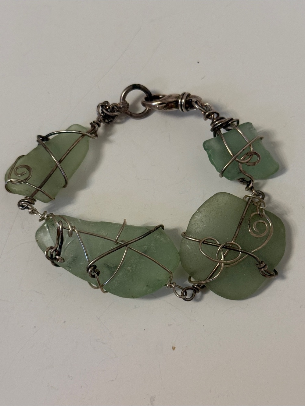 BRACELET GREEN BEACH SEA GLASS STERLING SILVER WIRE WRAP ARTISAN 9”